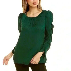 Max Studio Jacquard Shine Polka Dot Puff Sleeve Blouse NWOT Hunter Green Sz M
